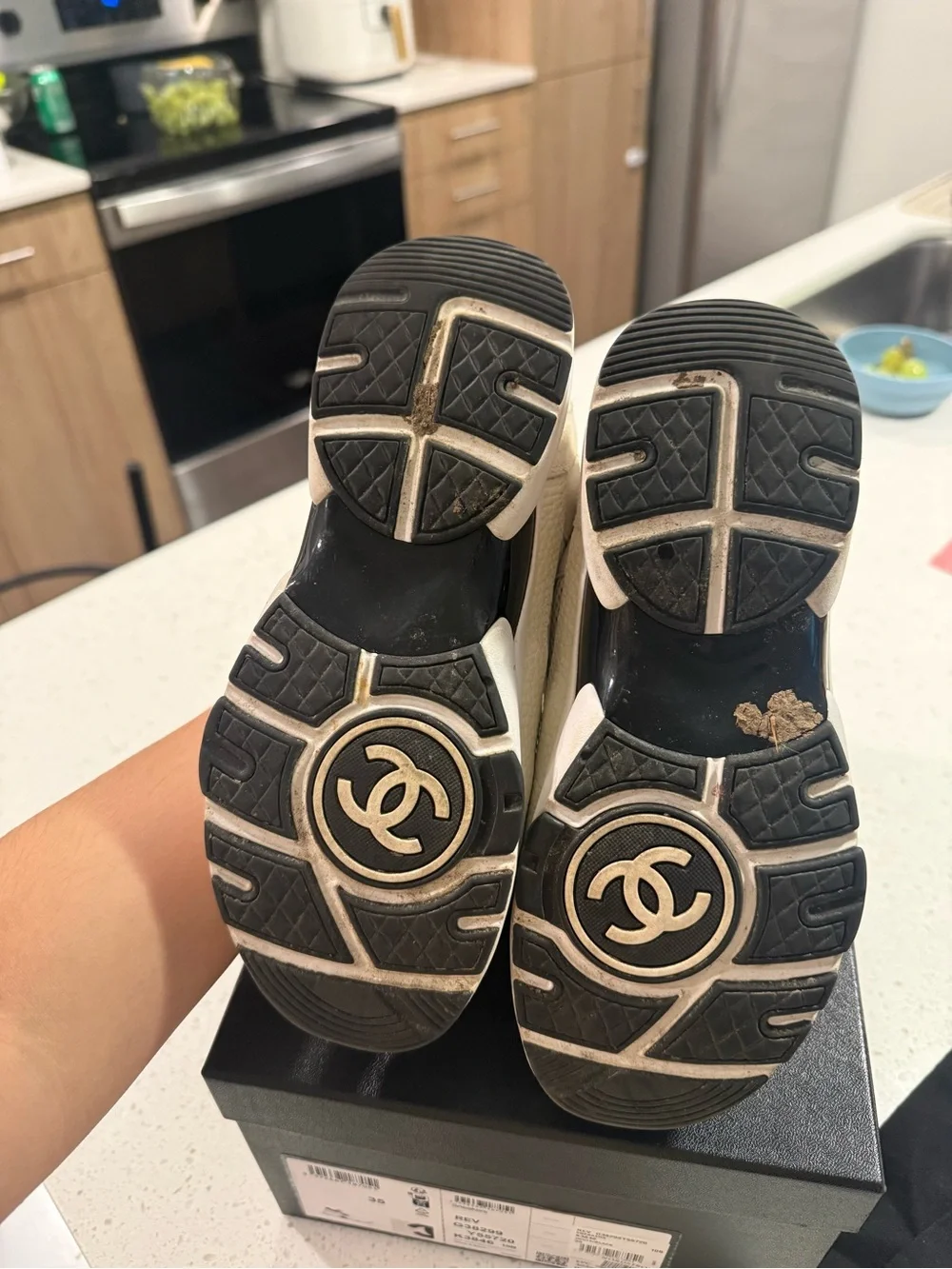 CHANEL Cream and Black Interlocking CC Leather & Mesh Sneakers